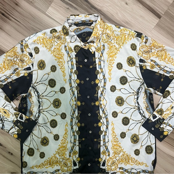 Zara Woman Ecru Chain Scarf Print Button Down Blouse Size Small - Picture 3 of 7